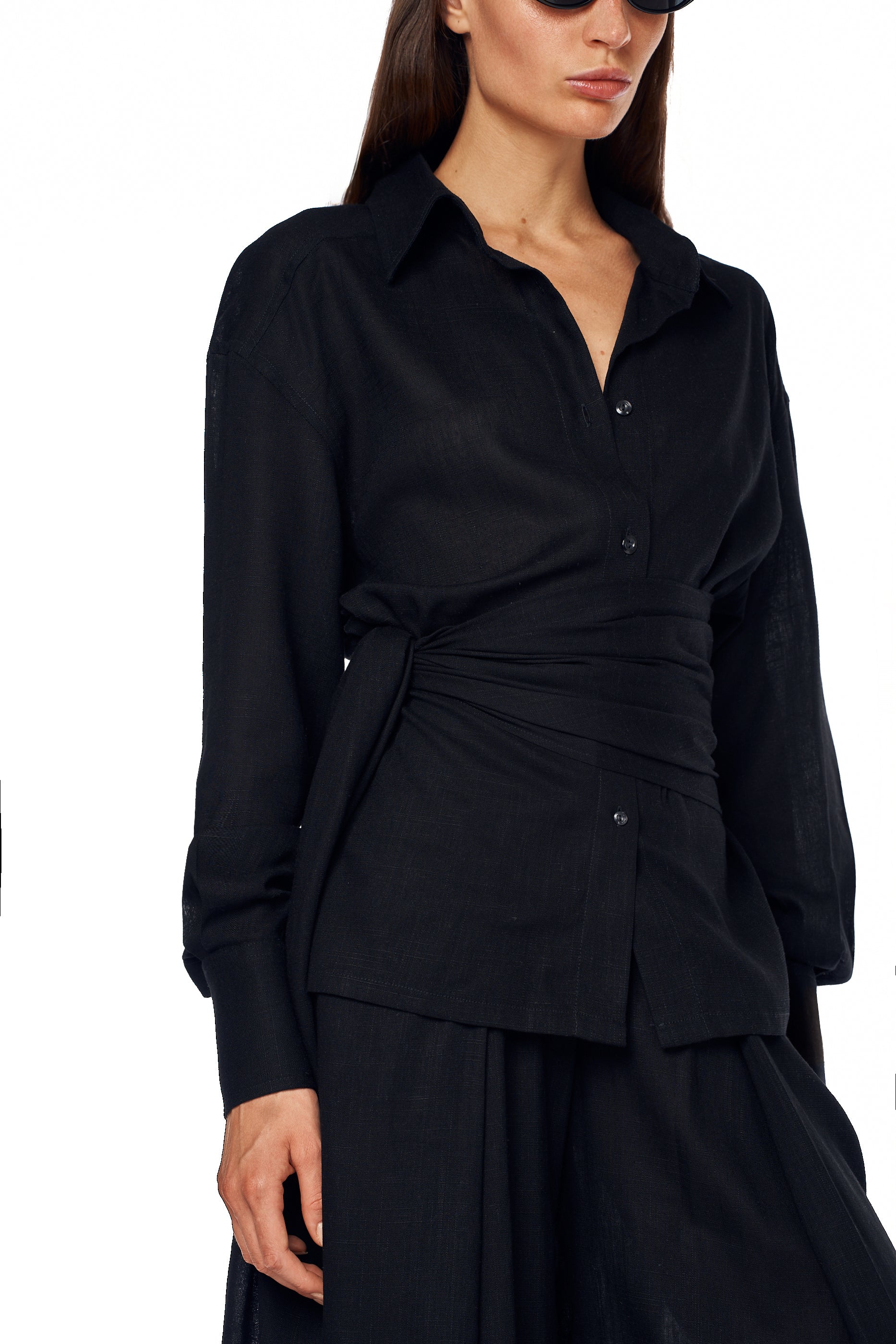 Black linen shirt with draped tie-waist detail — Lama Jouni
