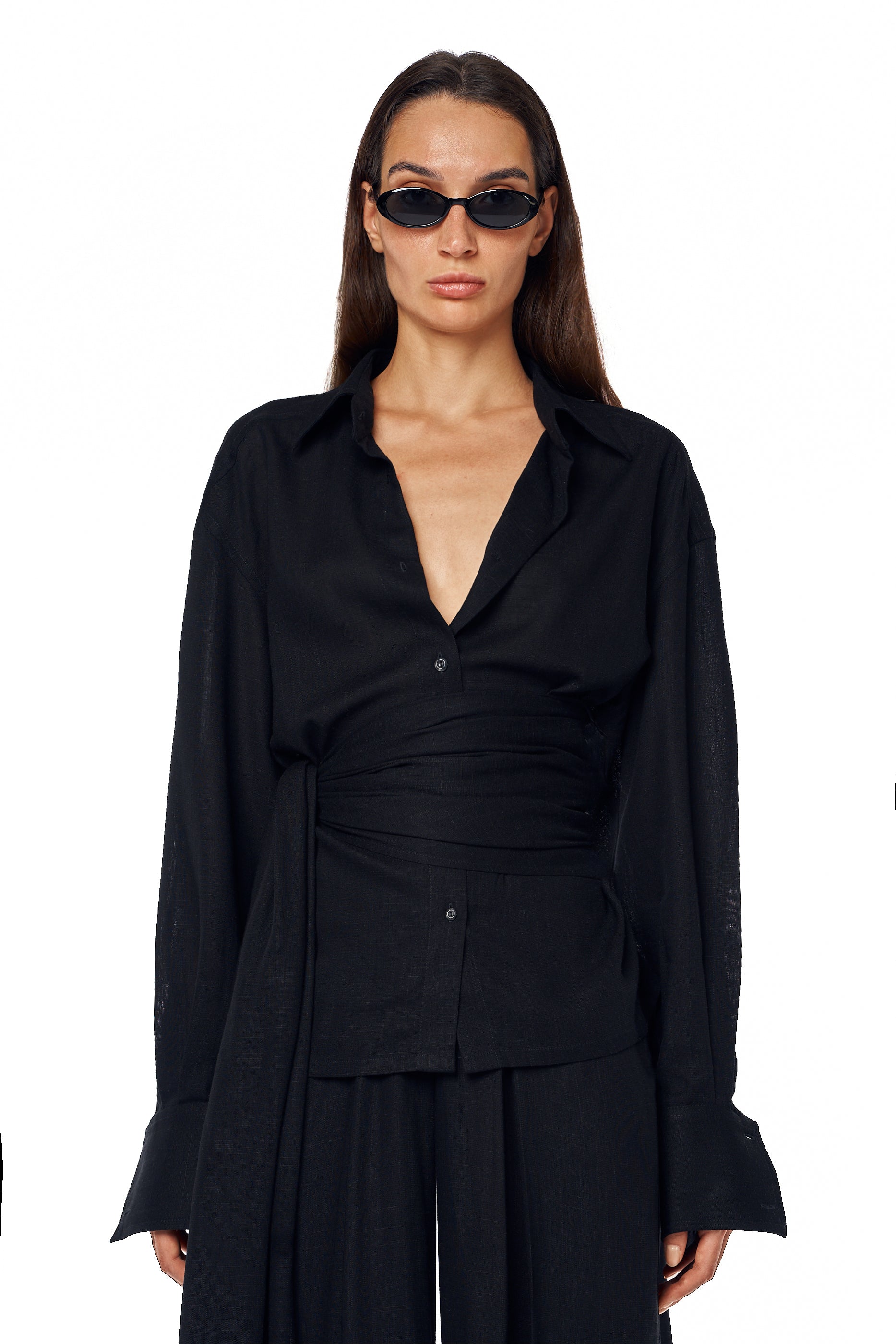 Black linen shirt with draped tie-waist detail — Lama Jouni