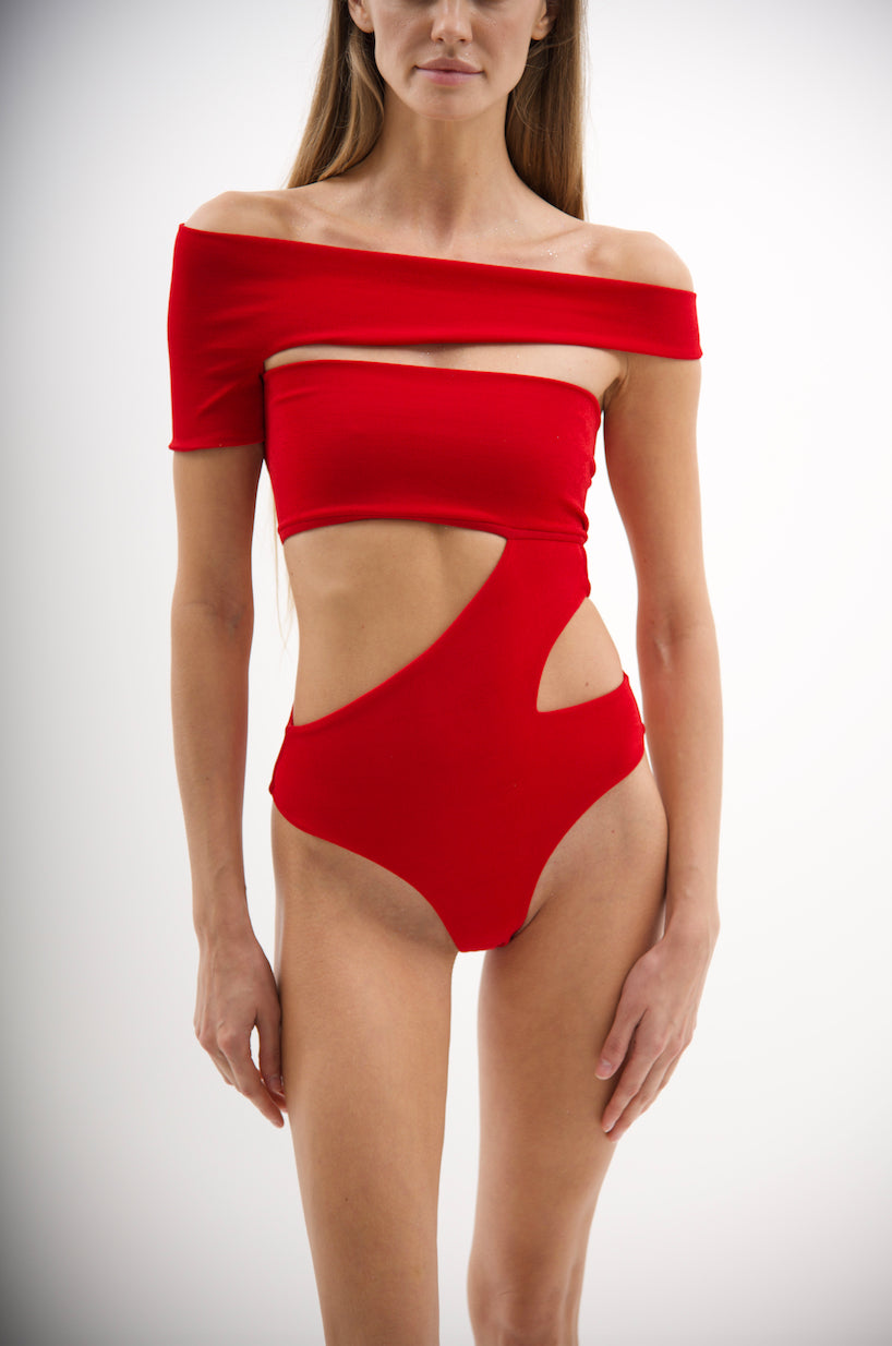 Red off the sales shoulder bodysuit