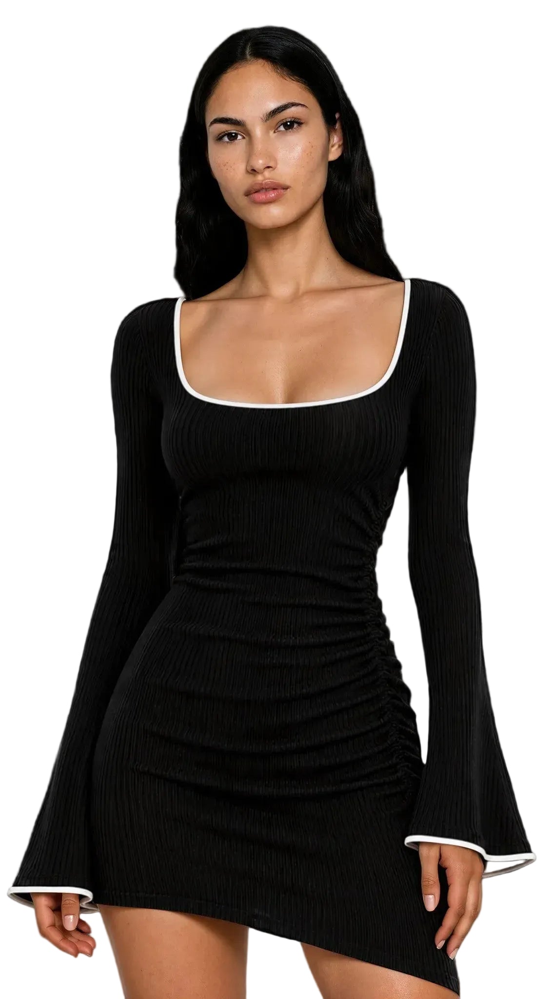DRAPED SQUARE NECK DRESS IN BLACK & WHITE PIPING