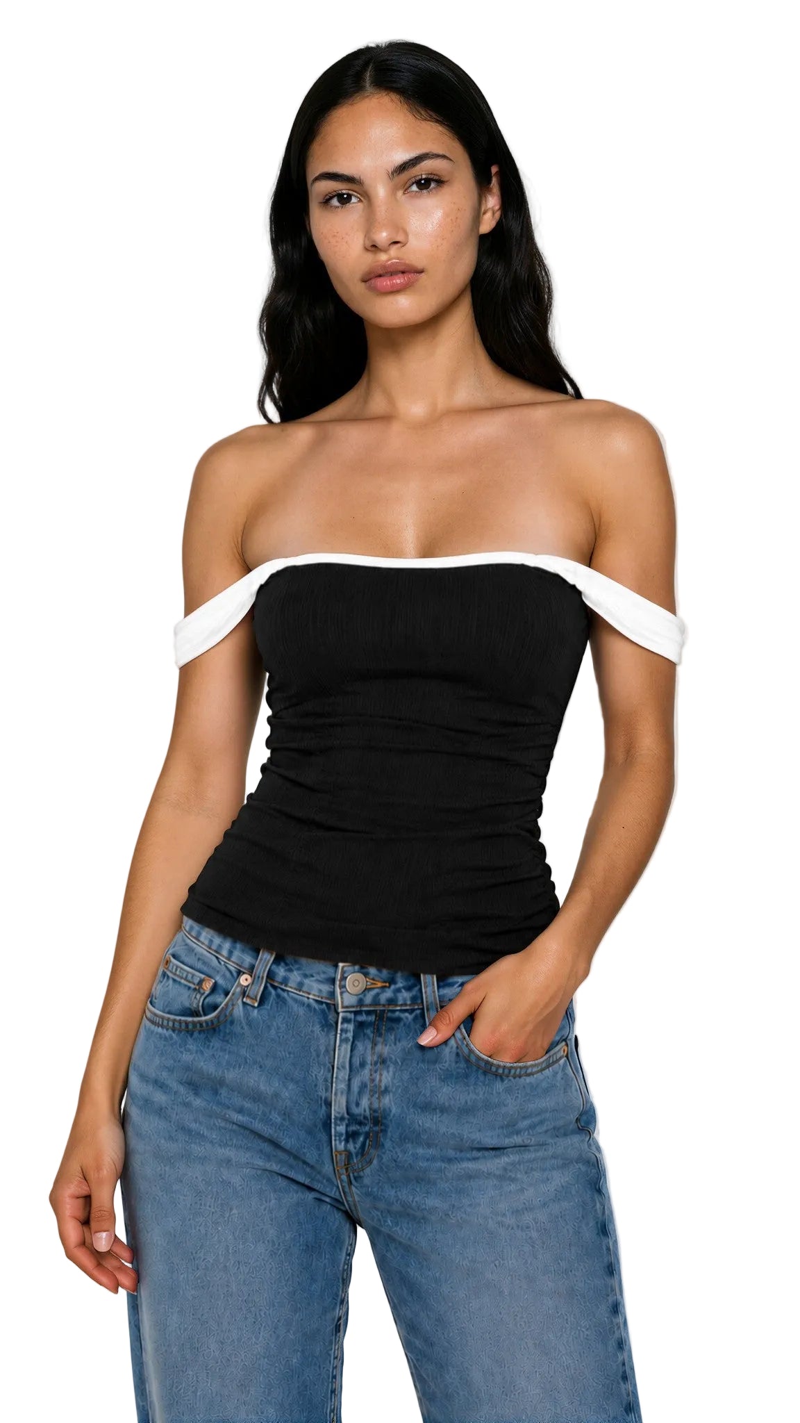 OFF SHOULDER STRAPPY TOP IN BLACK & WHITE PIPING