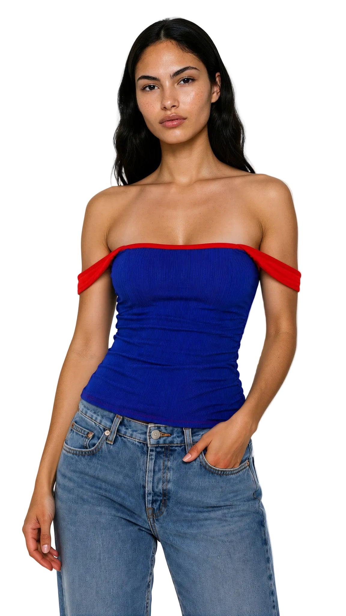 OFF SHOULDER STRAPPY TOP IN BLUE & RED PIPING