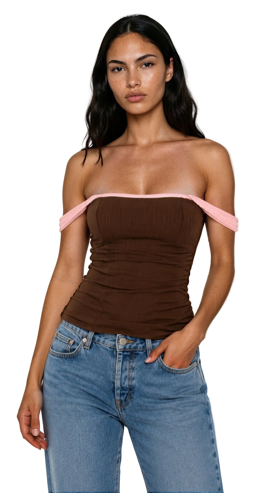 OFF SHOULDER STRAPPY TOP IN BROWN & PINK PIPING