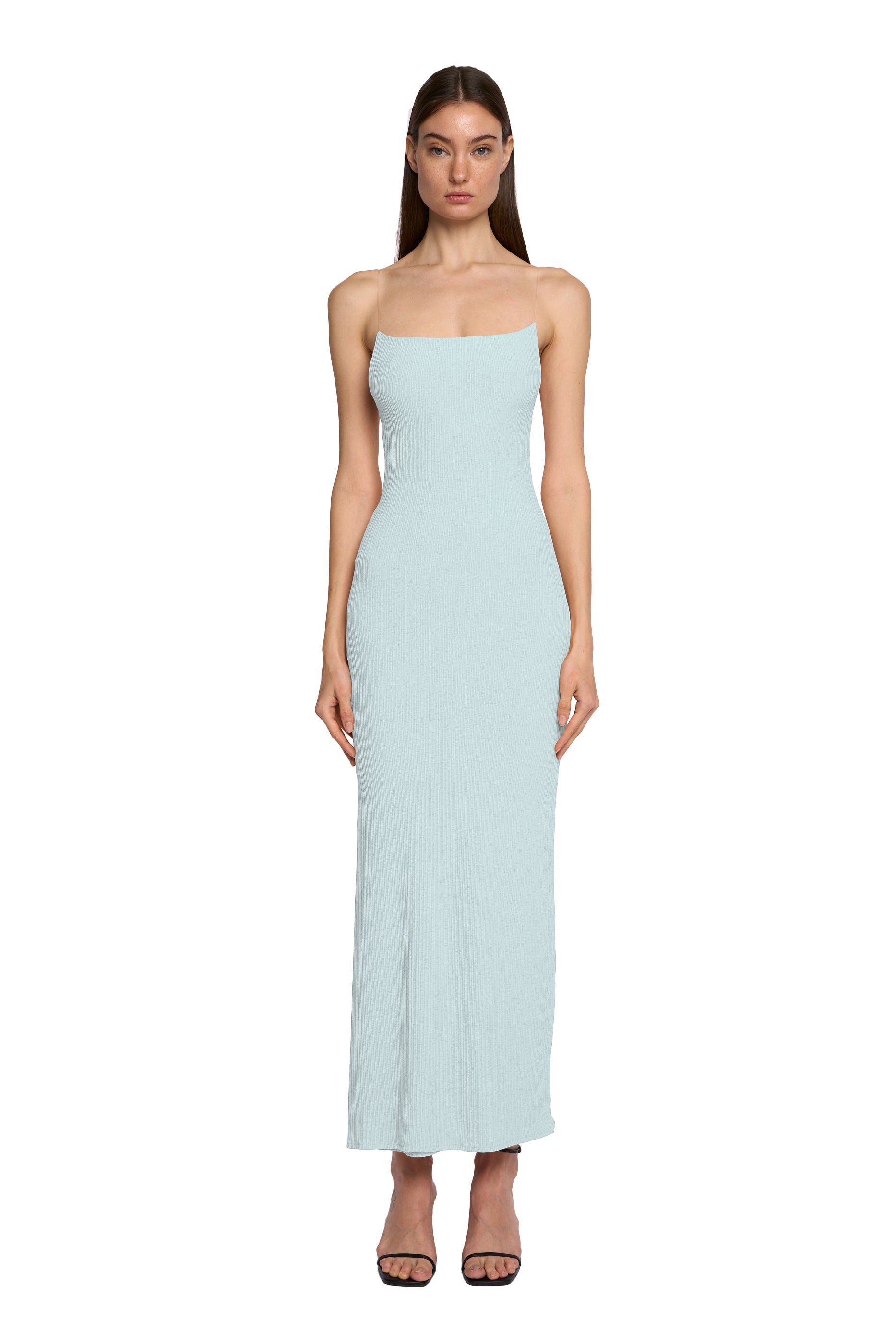 Straight Neck Transparent Strap Dress in Cool Blue