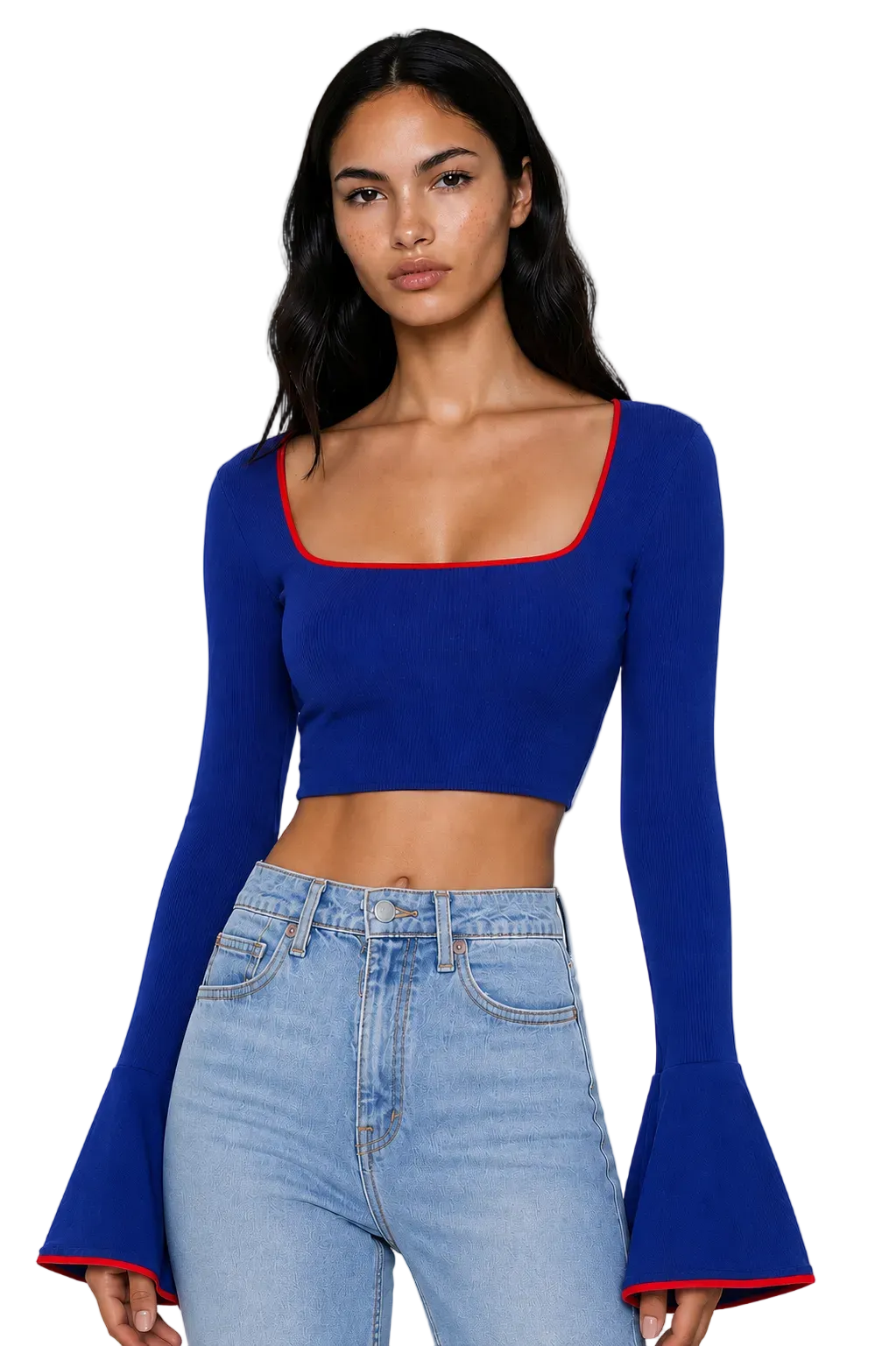 DRAPED BELL SLEEVE TOP IN BLUE & RED PIPING