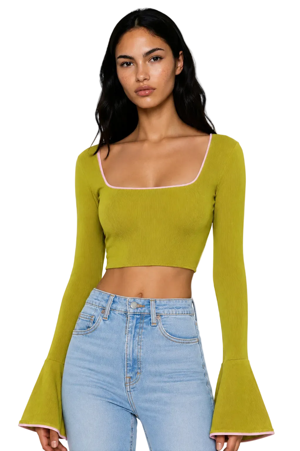 DRAPED BELL SLEEVE TOP IN GREEN & PINK