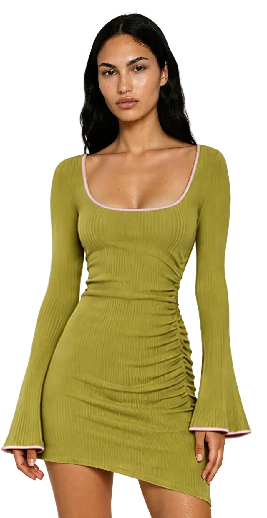 DRAPED SQUARE NECK DRESS IN GREEN & PINK PIPING