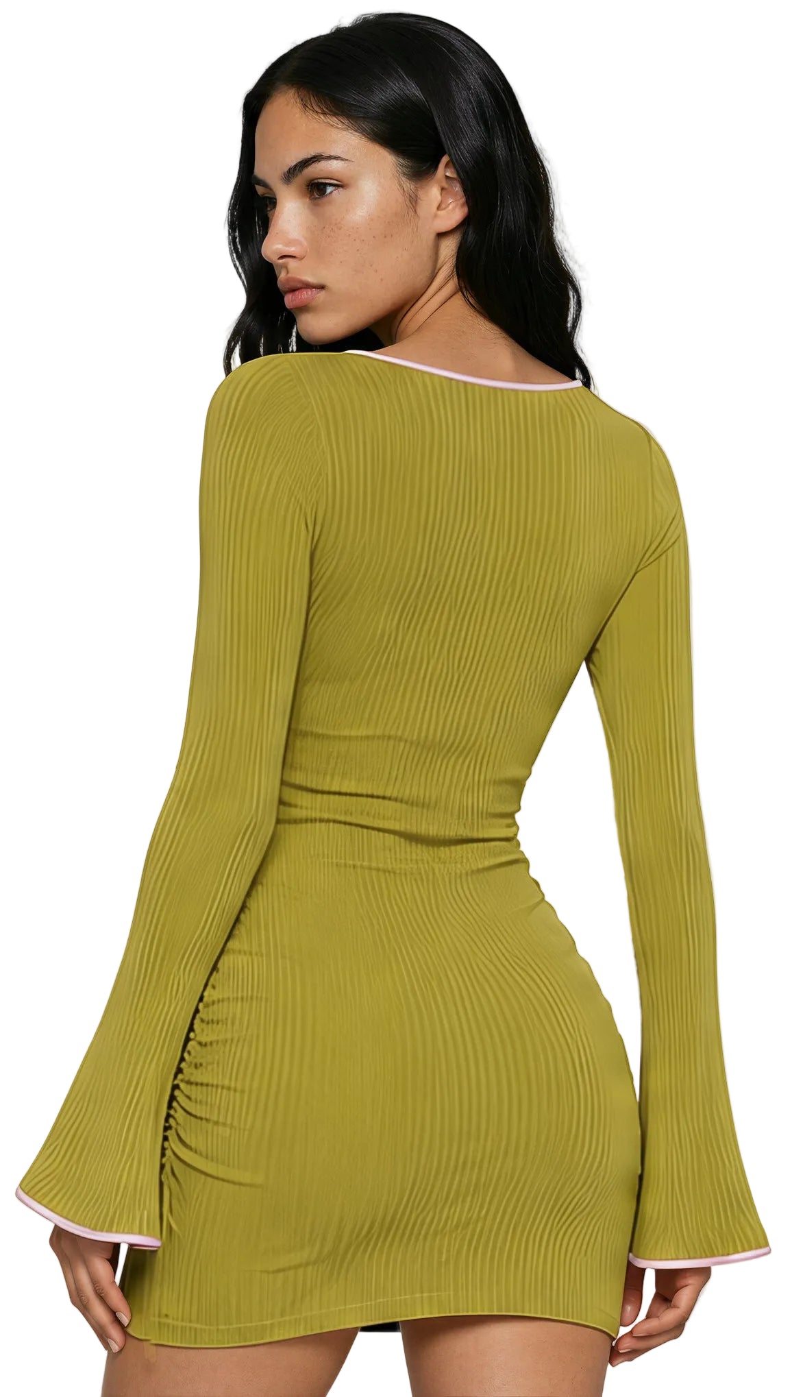 DRAPED SQUARE NECK DRESS IN GREEN & PINK PIPING