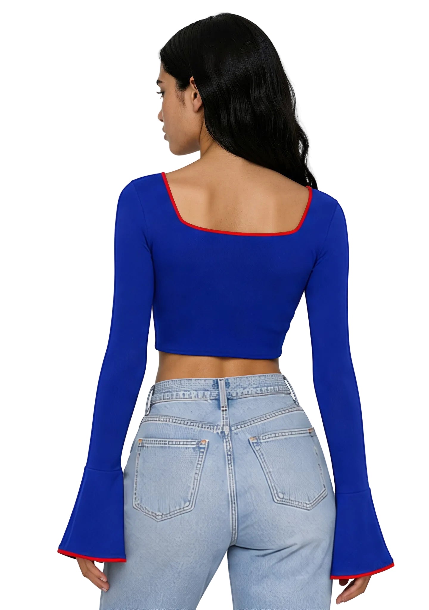 DRAPED BELL SLEEVE TOP IN BLUE & RED PIPING