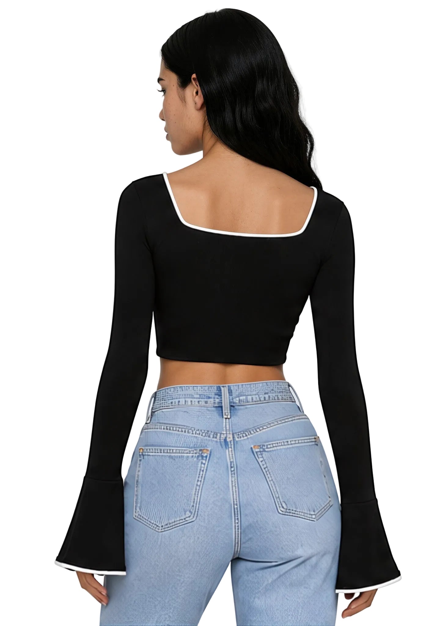 DRAPED BELL SLEEVE TOP IN BLACK & WHITE PIPING
