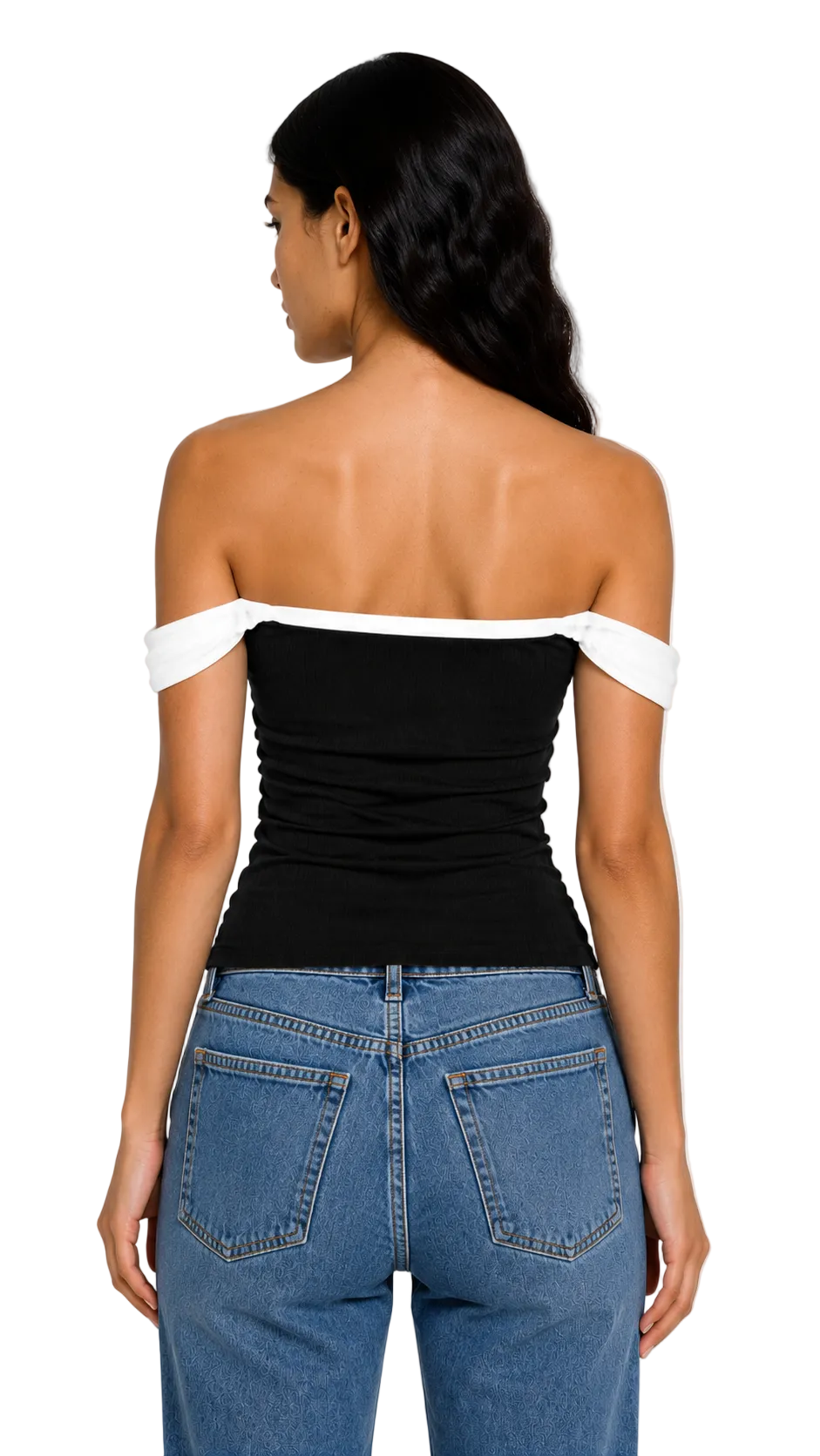 OFF SHOULDER STRAPPY TOP IN BLACK & WHITE PIPING