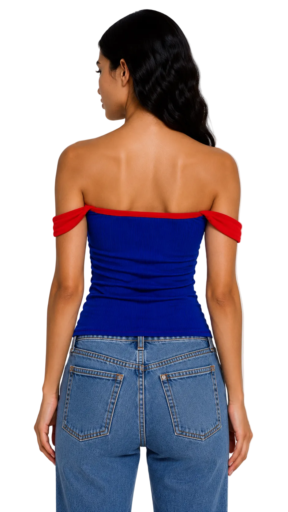 OFF SHOULDER STRAPPY TOP IN BLUE & RED PIPING