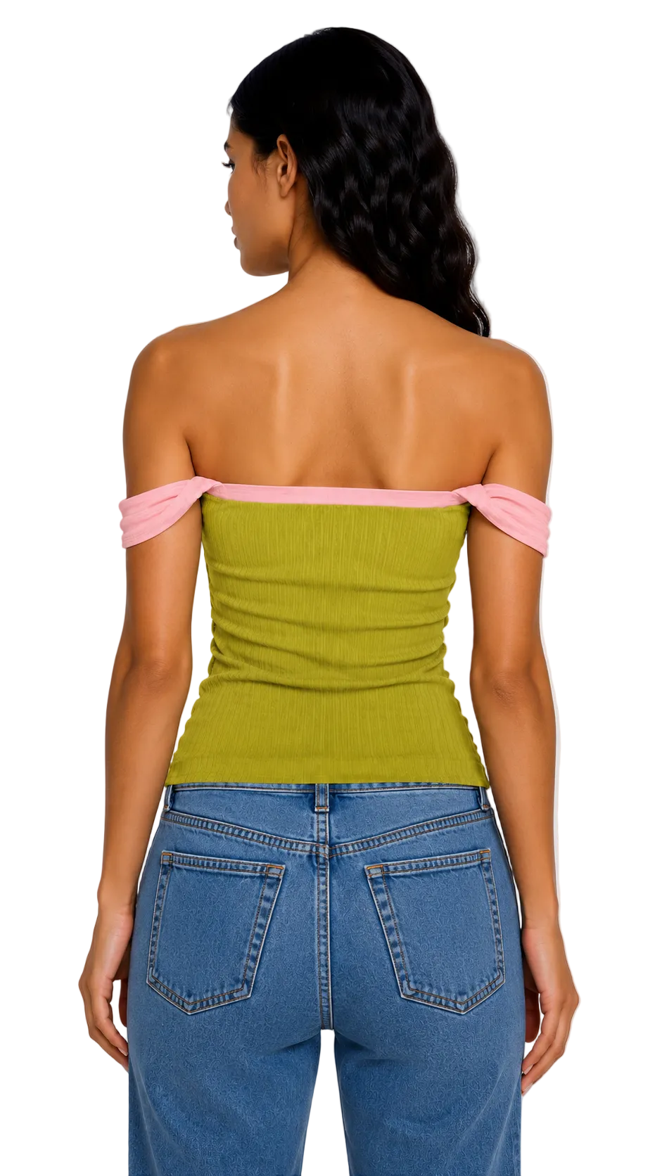 OFF SHOULDER STRAPPY TOP IN GREEN & PINK PIPING