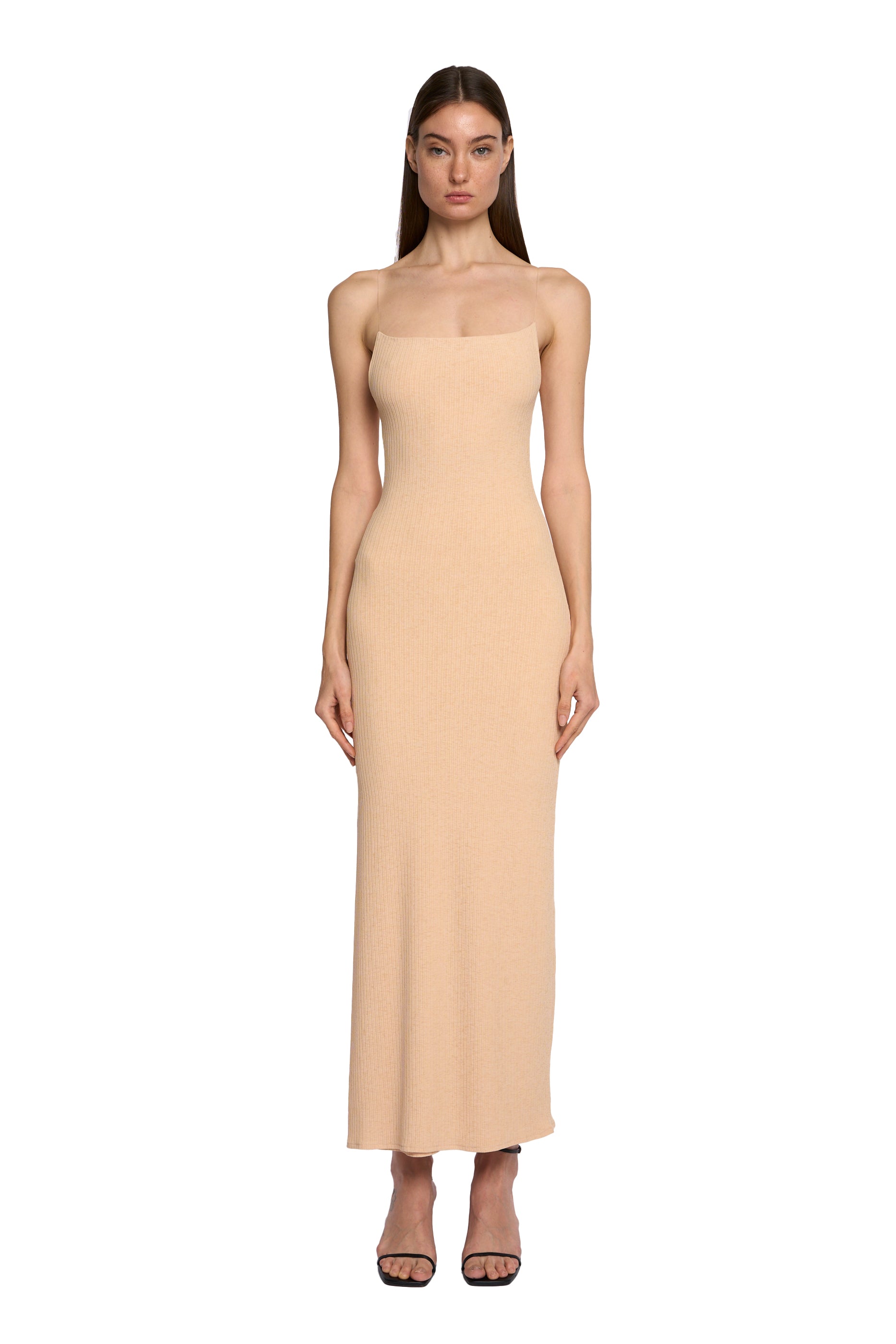 Straight Neck Transparent Strap Dress in Pink Sand