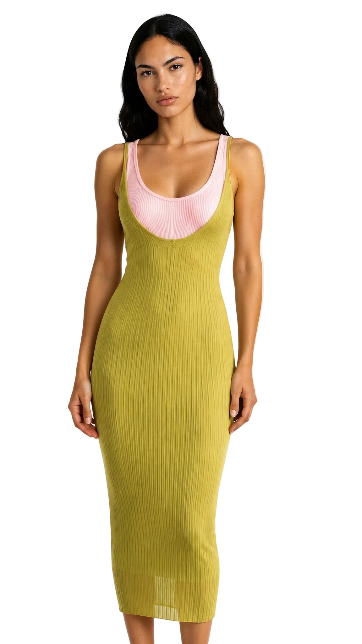 LAYERED DRESS IN GREEN & PINK