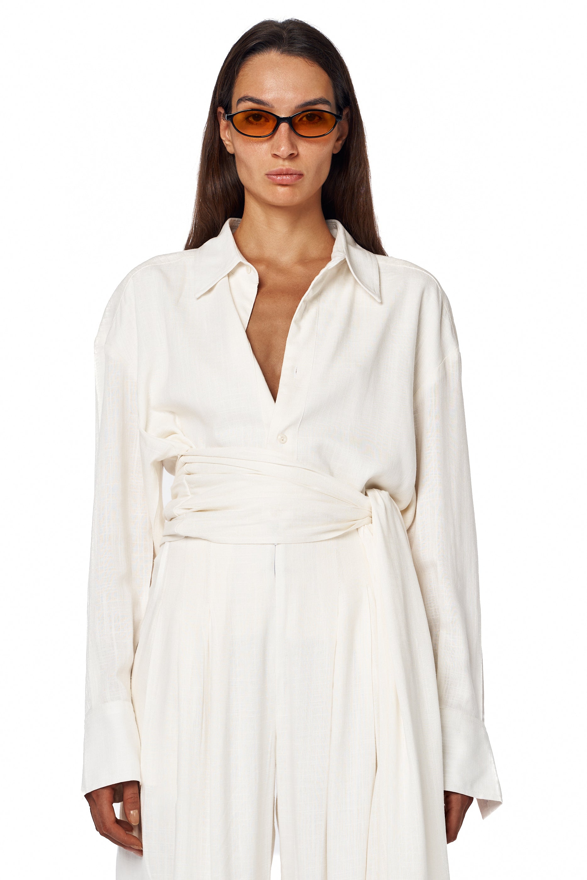 White shirt with draped waist detail — Lama Jouni