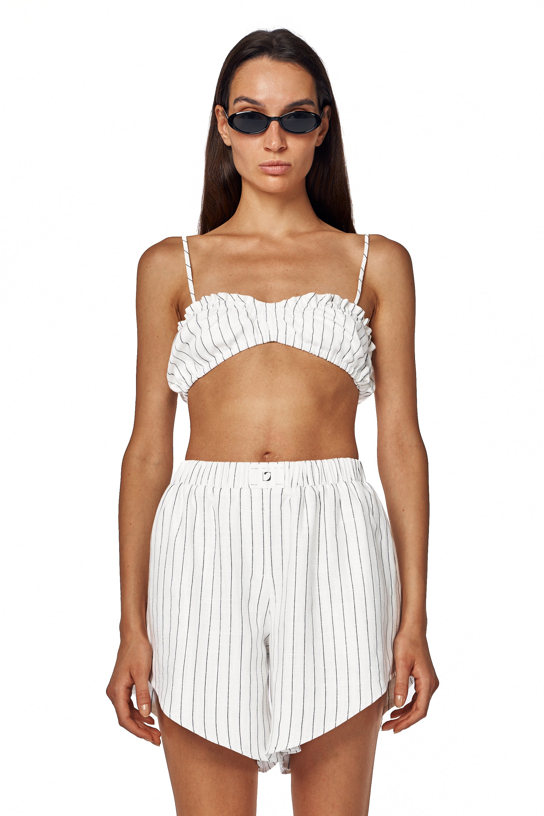 White gathered linen bralette with minimal design — Lama Jouni