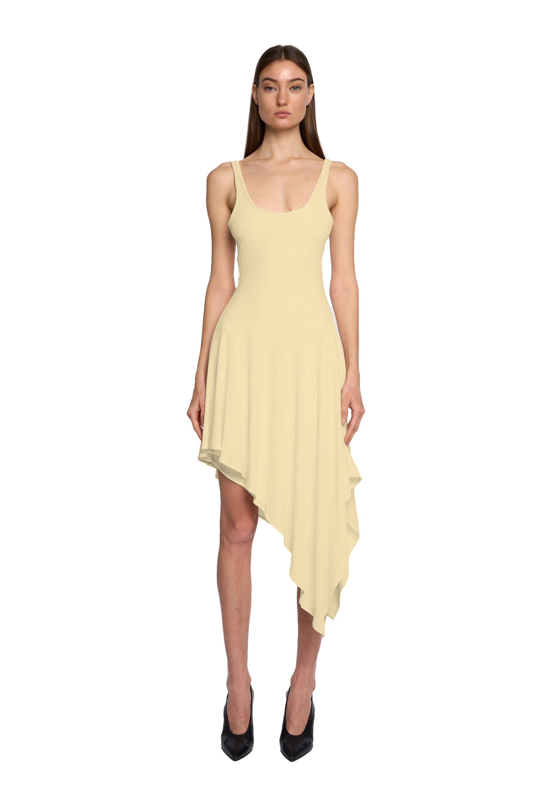 BIAS SQUARE NECK SLANTED DRESS IN VANILLA