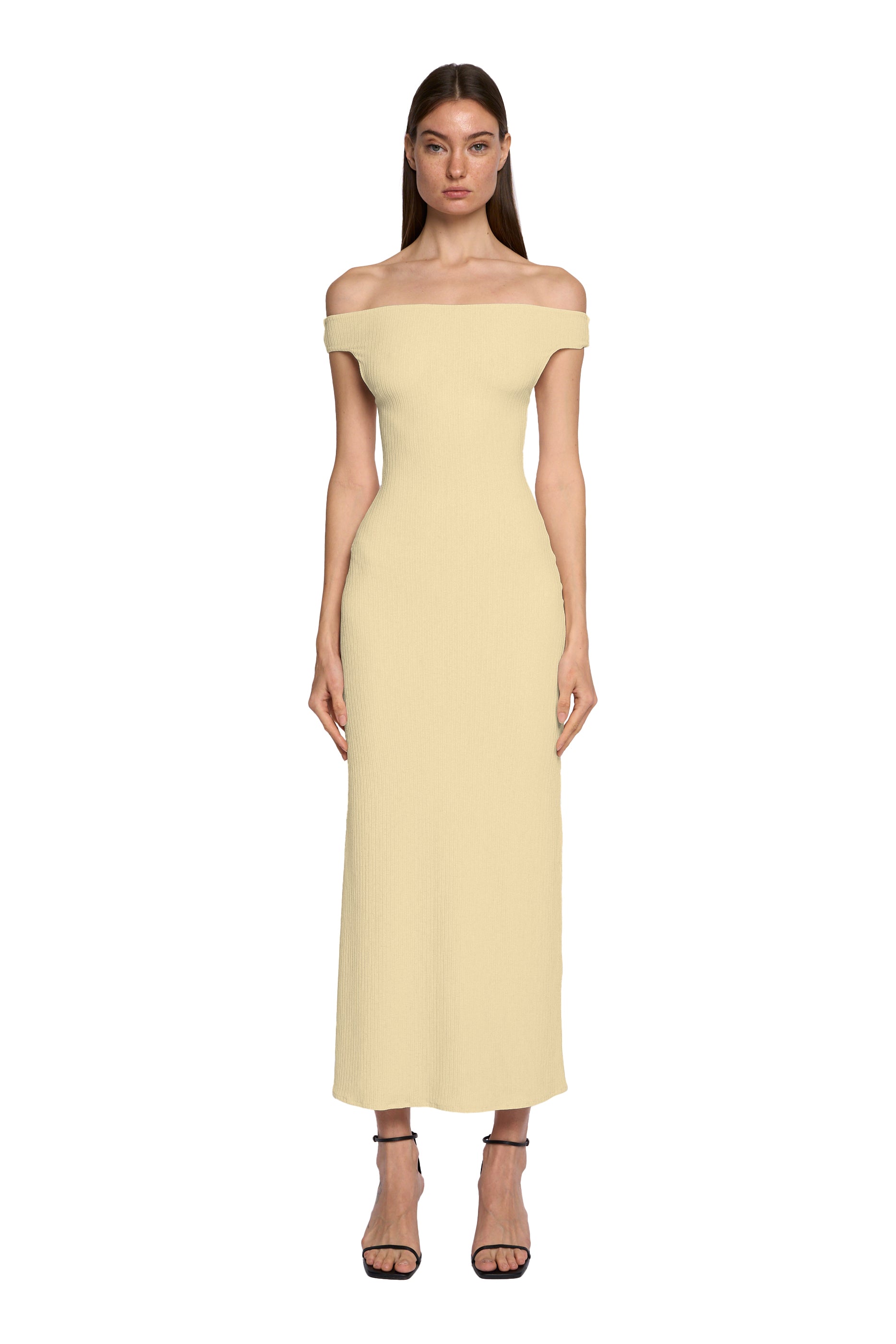 OFF SHOULDER STRAIGHT DRESS IN VANILLA