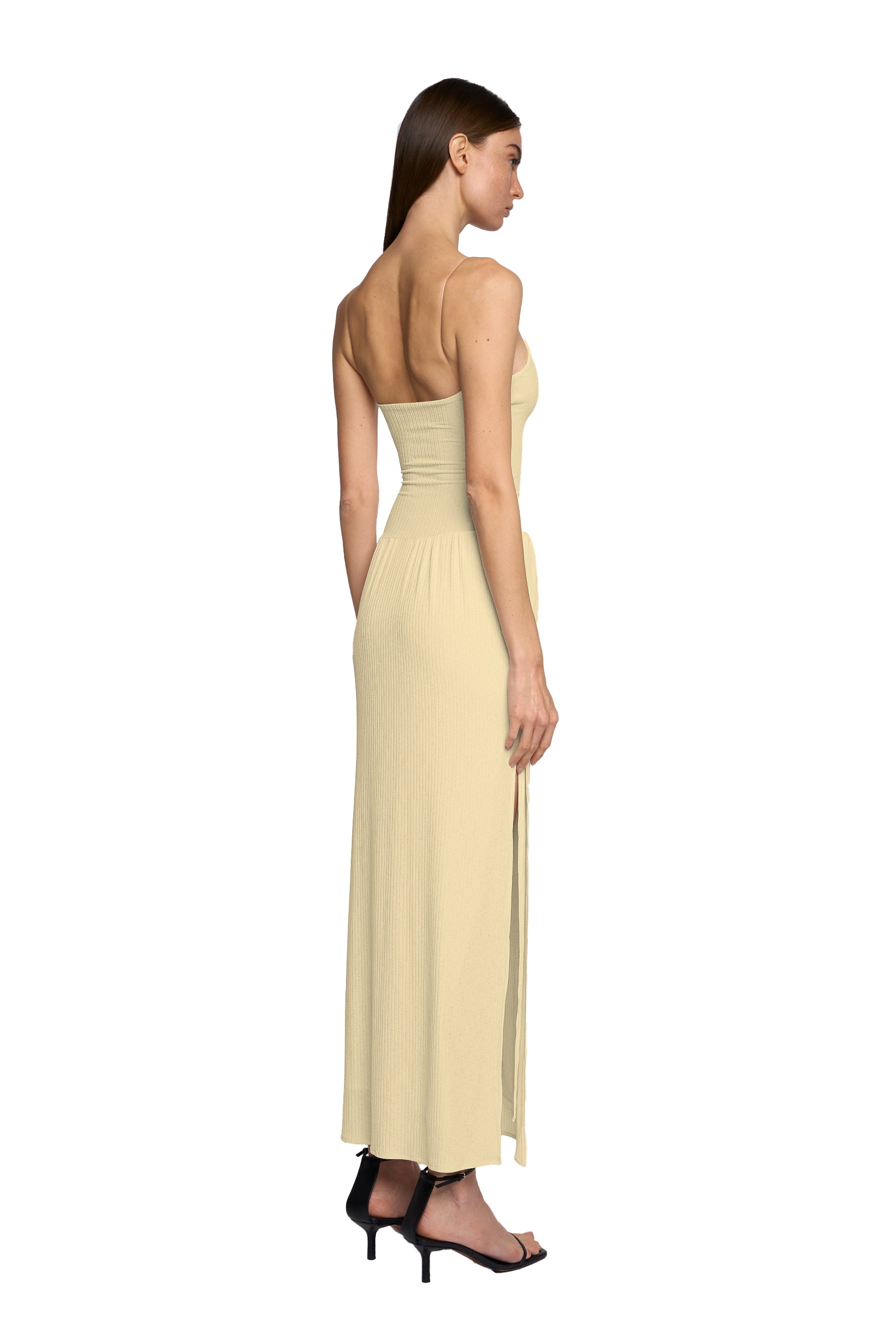 V-NECK DRESS WITH SHEER SKIRT AND TRANSPARENT STRAP IN VANILLA