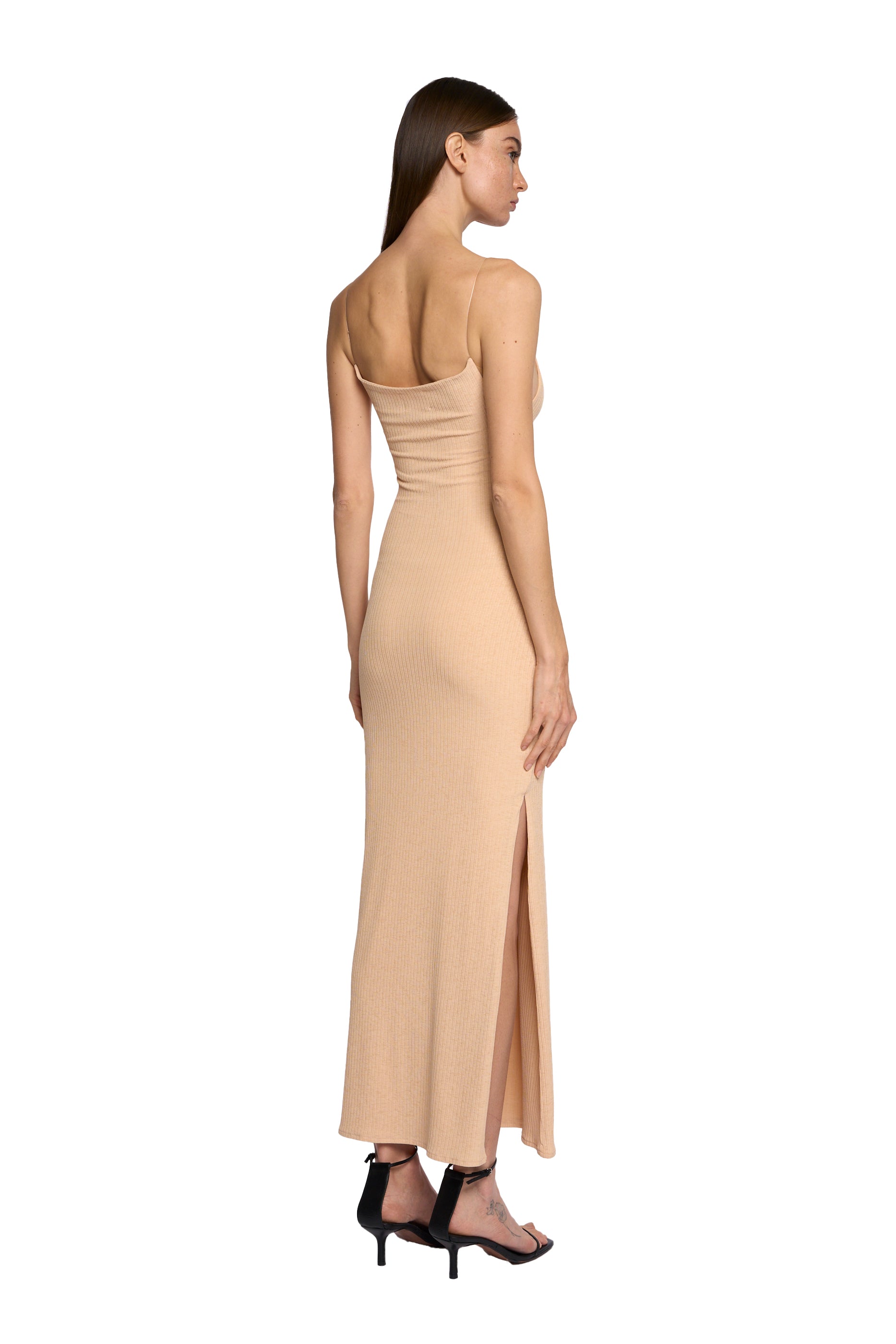 STRAIGHT NECK TRANSPARENT STRAP DRESS IN PINK SAND