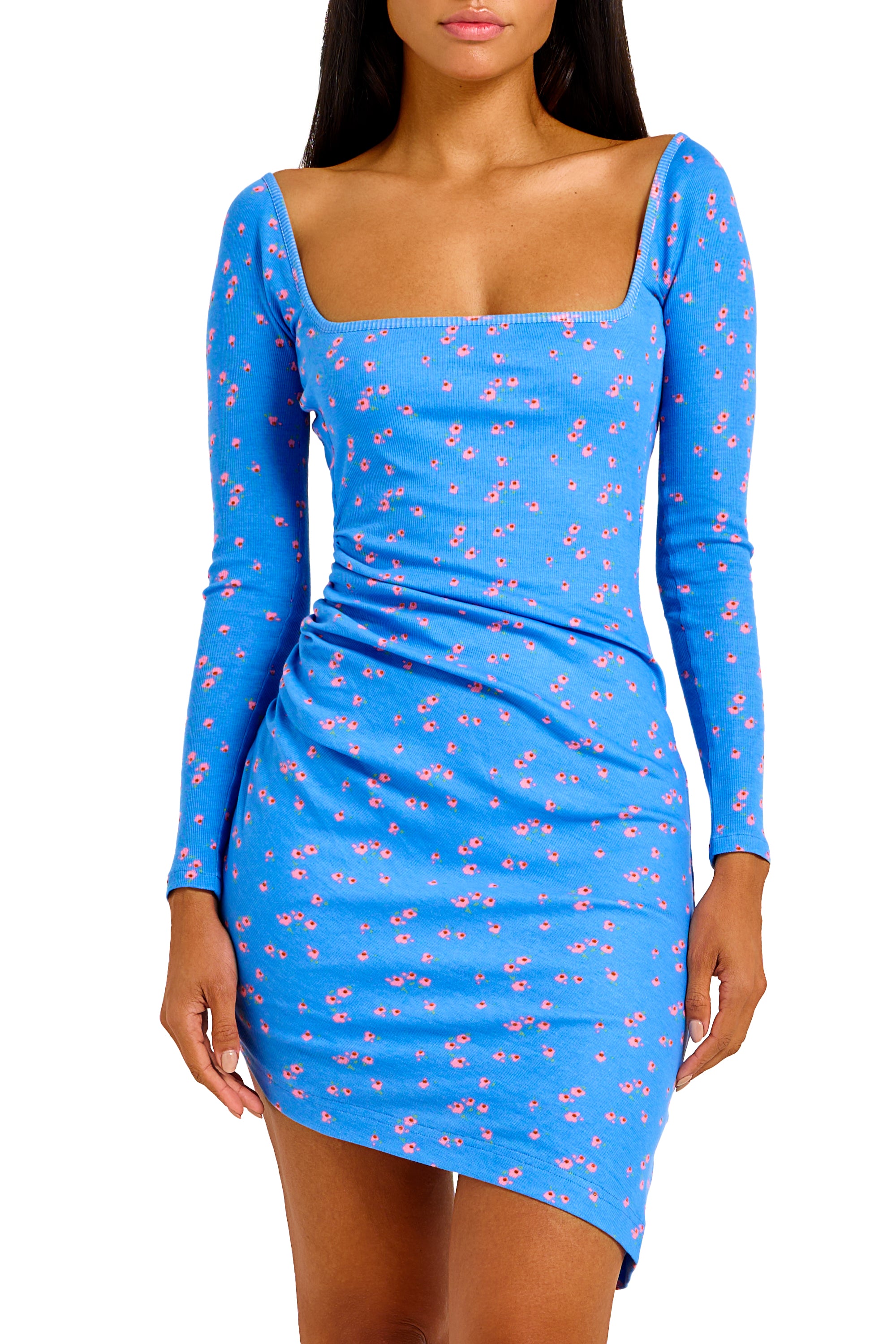 LONG SLEEVE DRAPED DRESS IN BLUE FLORAL