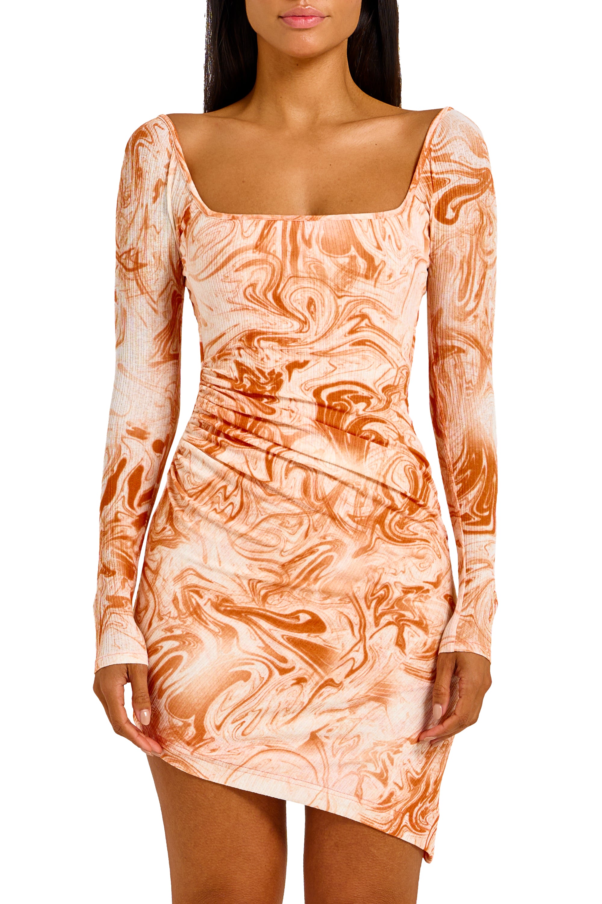 LONG SLEEVE DRAPED DRESS IN ORANGE FLORAL