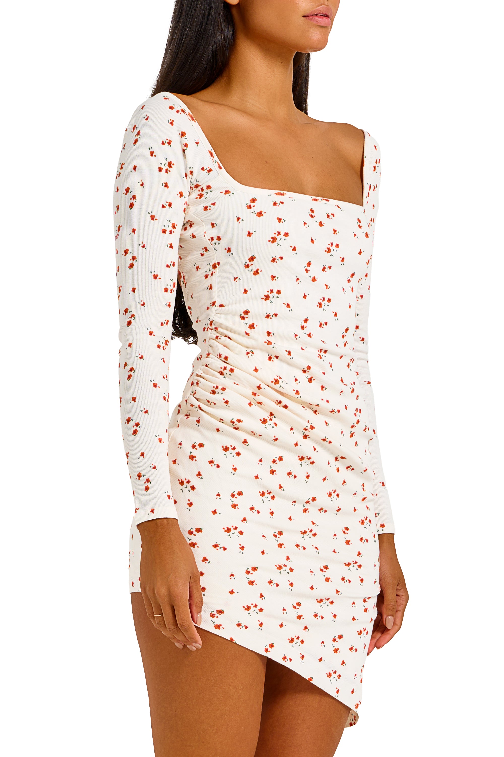 LONG SLEEVE DRAPED DRESS IN WHITE FLORAL