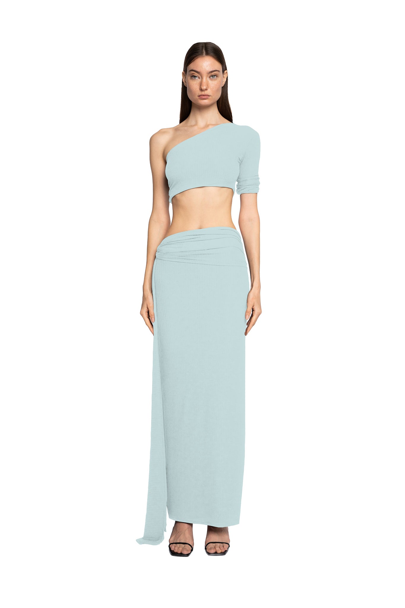 OFF SHOULDER SLANTED TUBE TOP IN COOL BLUE