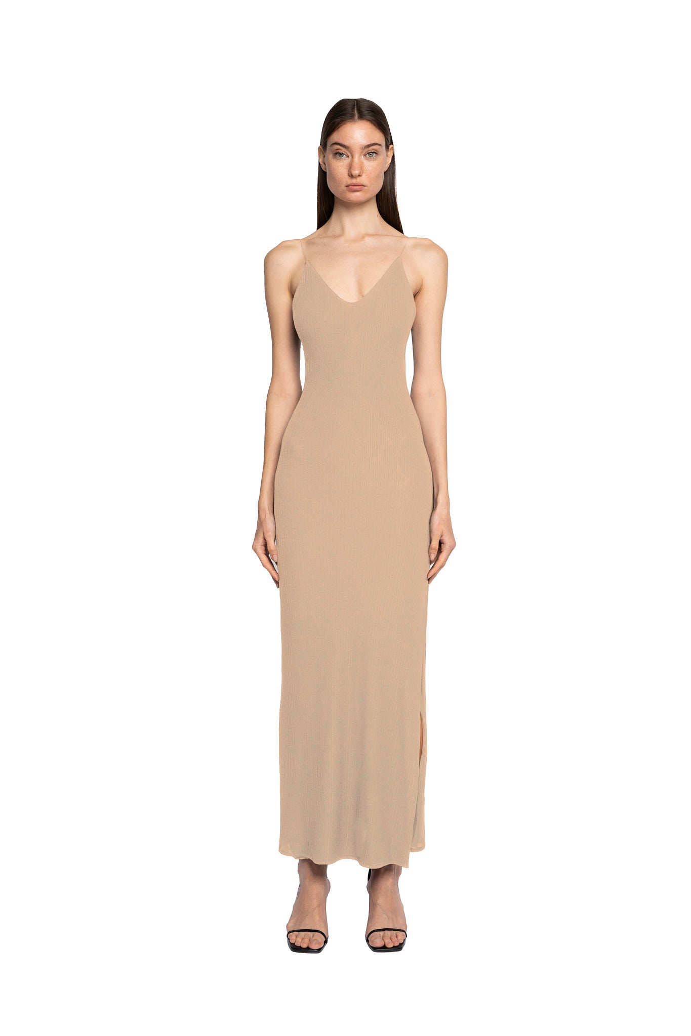 V-NECK WITH TRANSPARENT STRAPS STRAIGHT DRESS IN PINK SAND