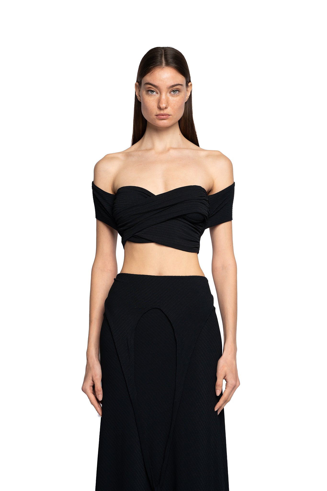 OFF SHOULDER DRAPED TOP IN PITCH BLACK