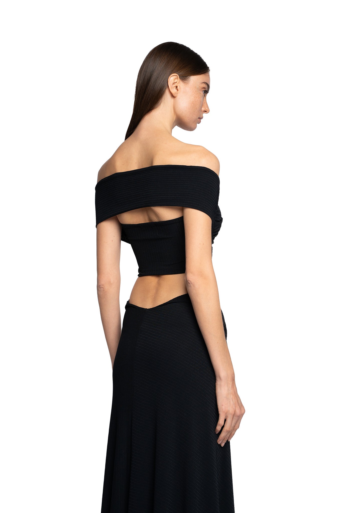 OFF SHOULDER DRAPED TOP IN PITCH BLACK