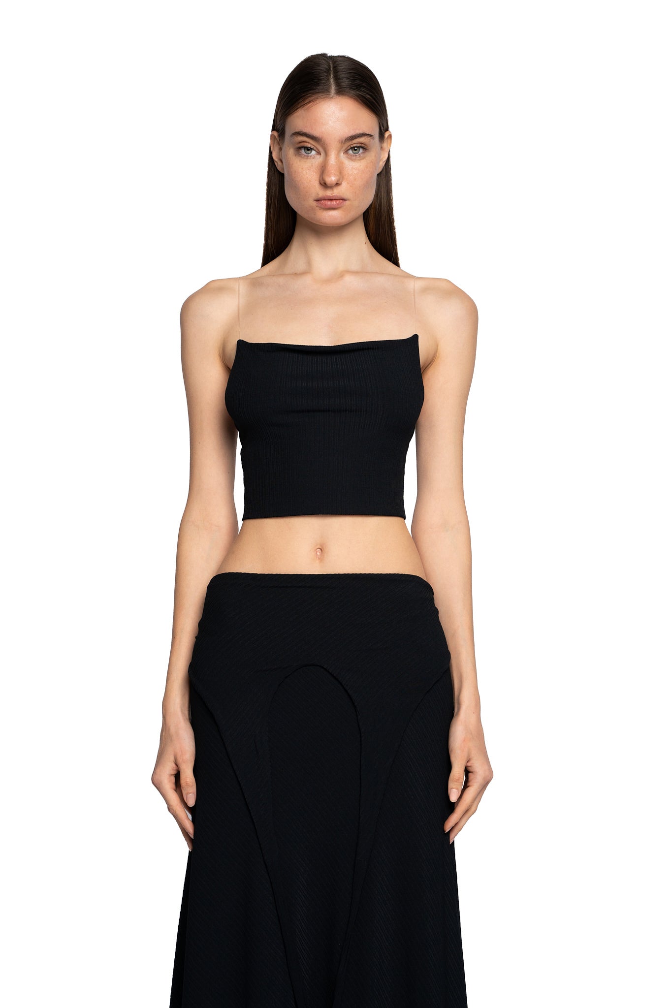 STRAIGHT NECK TUBE TOP WITH TRANSPARENT STRAPS IN PITCH BLACK