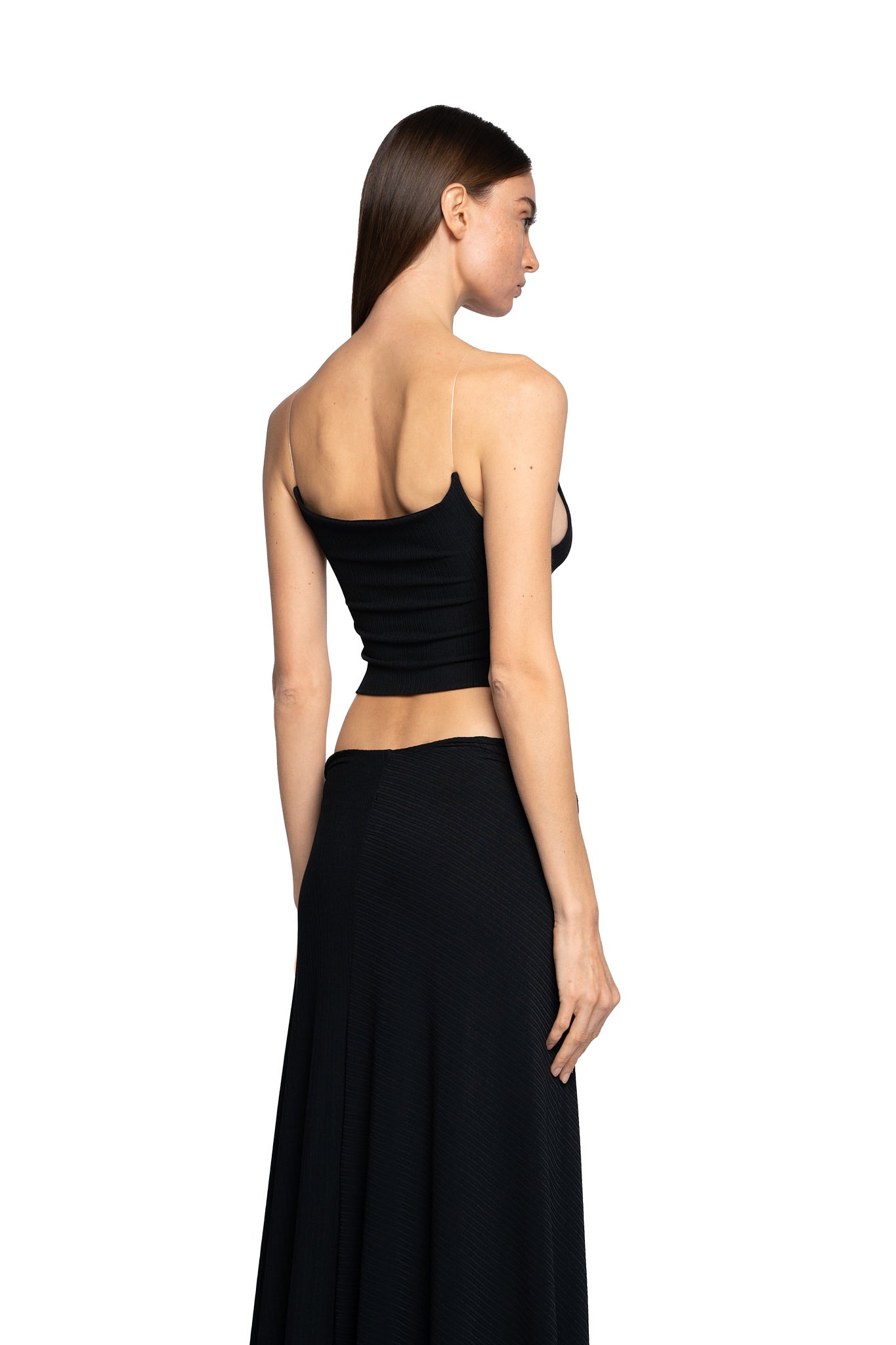 STRAIGHT NECK TUBE TOP WITH TRANSPARENT STRAPS IN PITCH BLACK