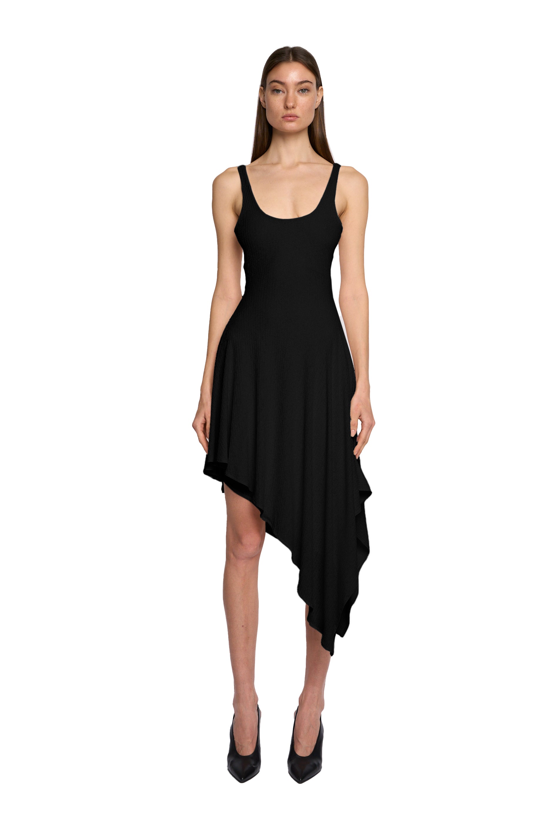 BIAS SQUARE NECK SLANTED DRESS IN PITCH BLACK