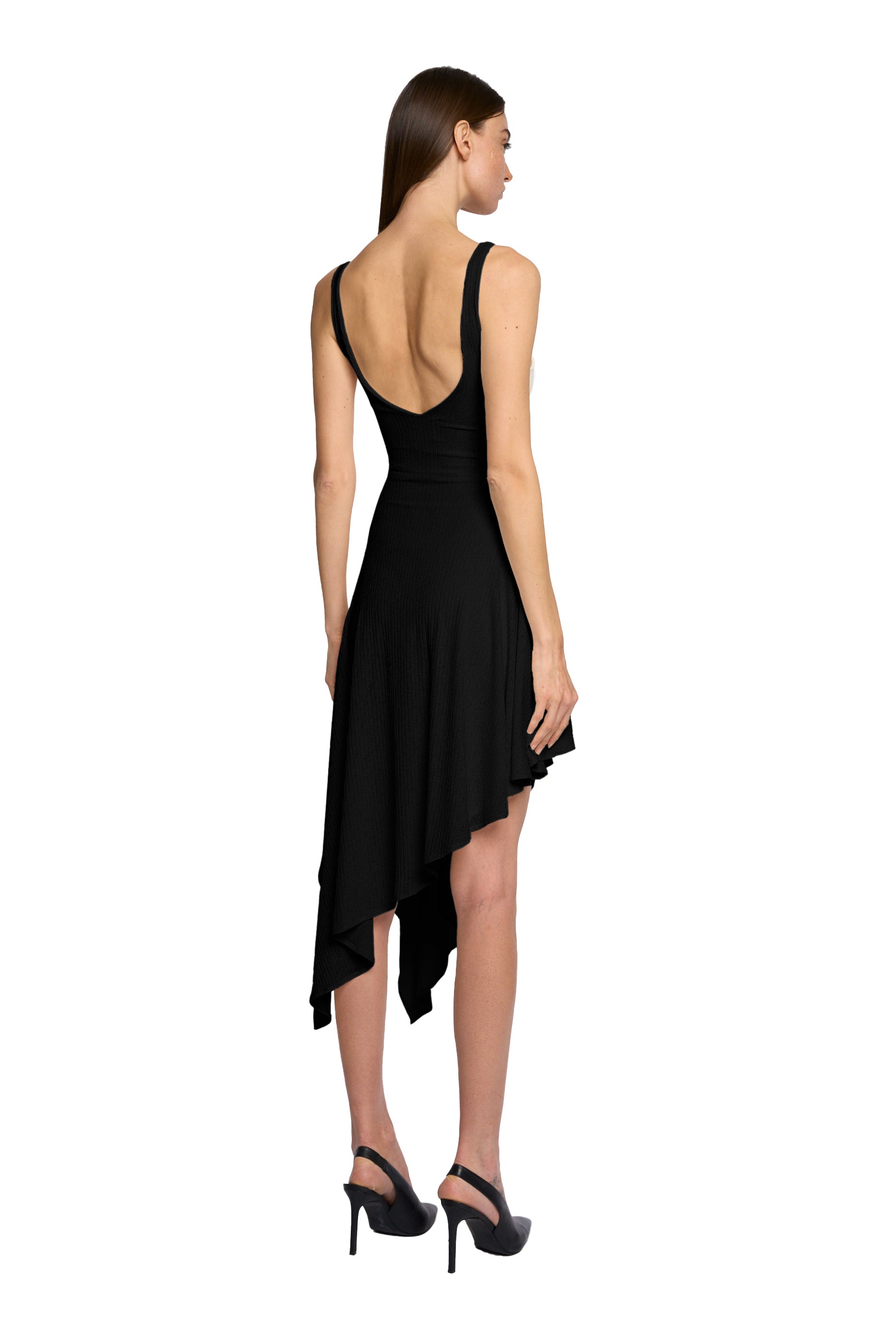 BIAS SQUARE NECK SLANTED DRESS IN PITCH BLACK