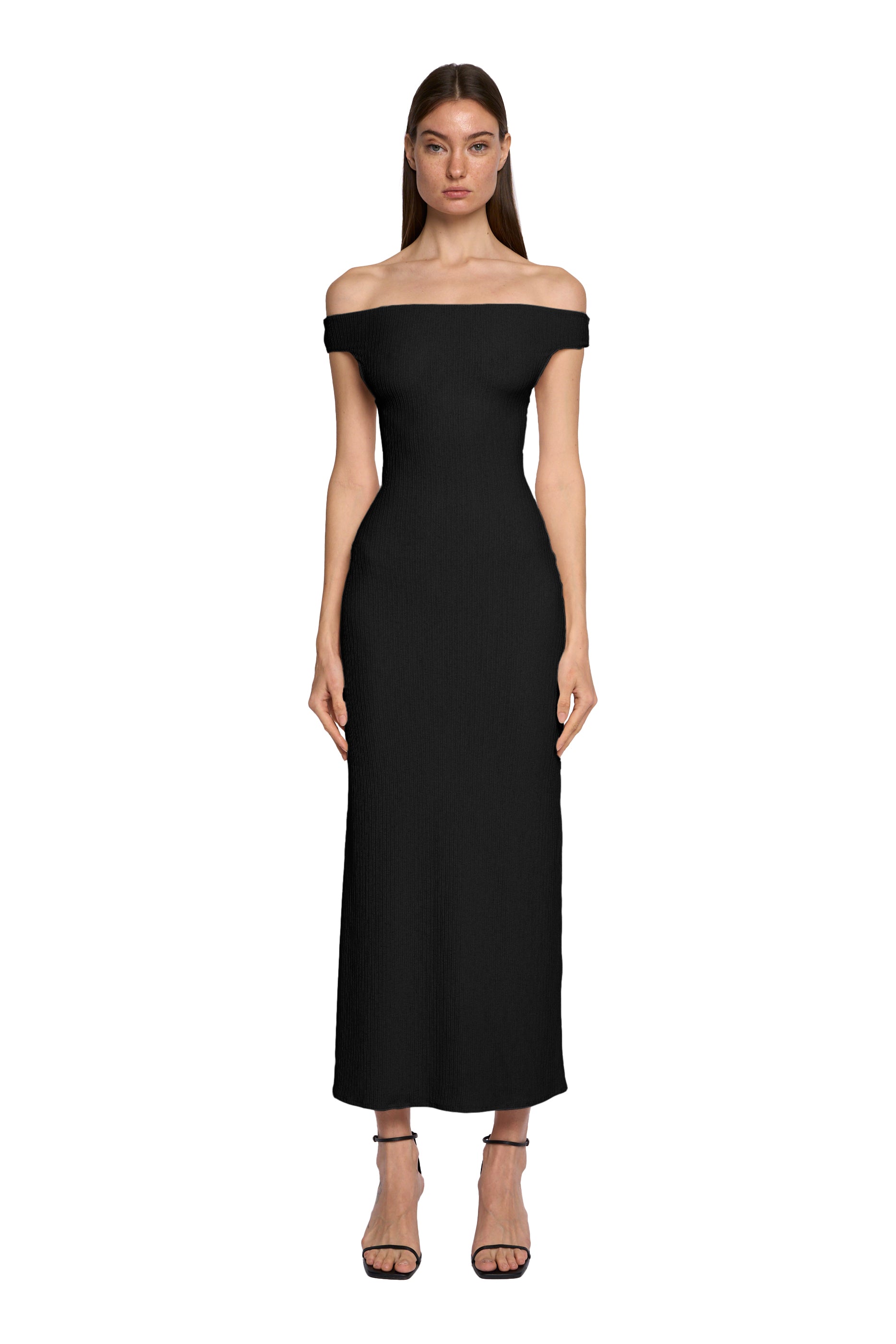 OFF SHOULDER STRAIGHT DRESS IN PITCH BLACK