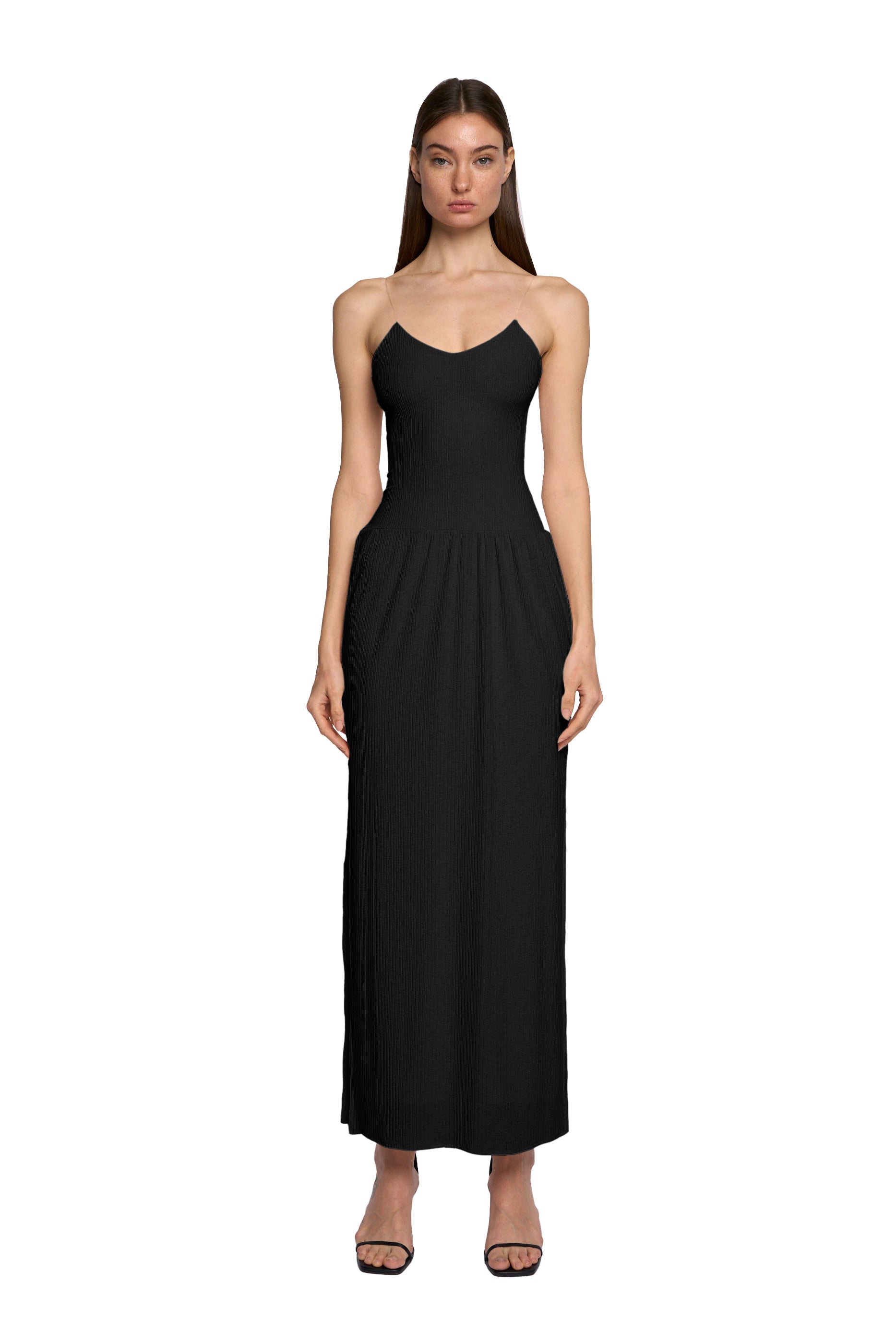 V-NECK DRESS WITH SHEER SKIRT AND TRANSPARENT STRAP IN PITCH BLACK