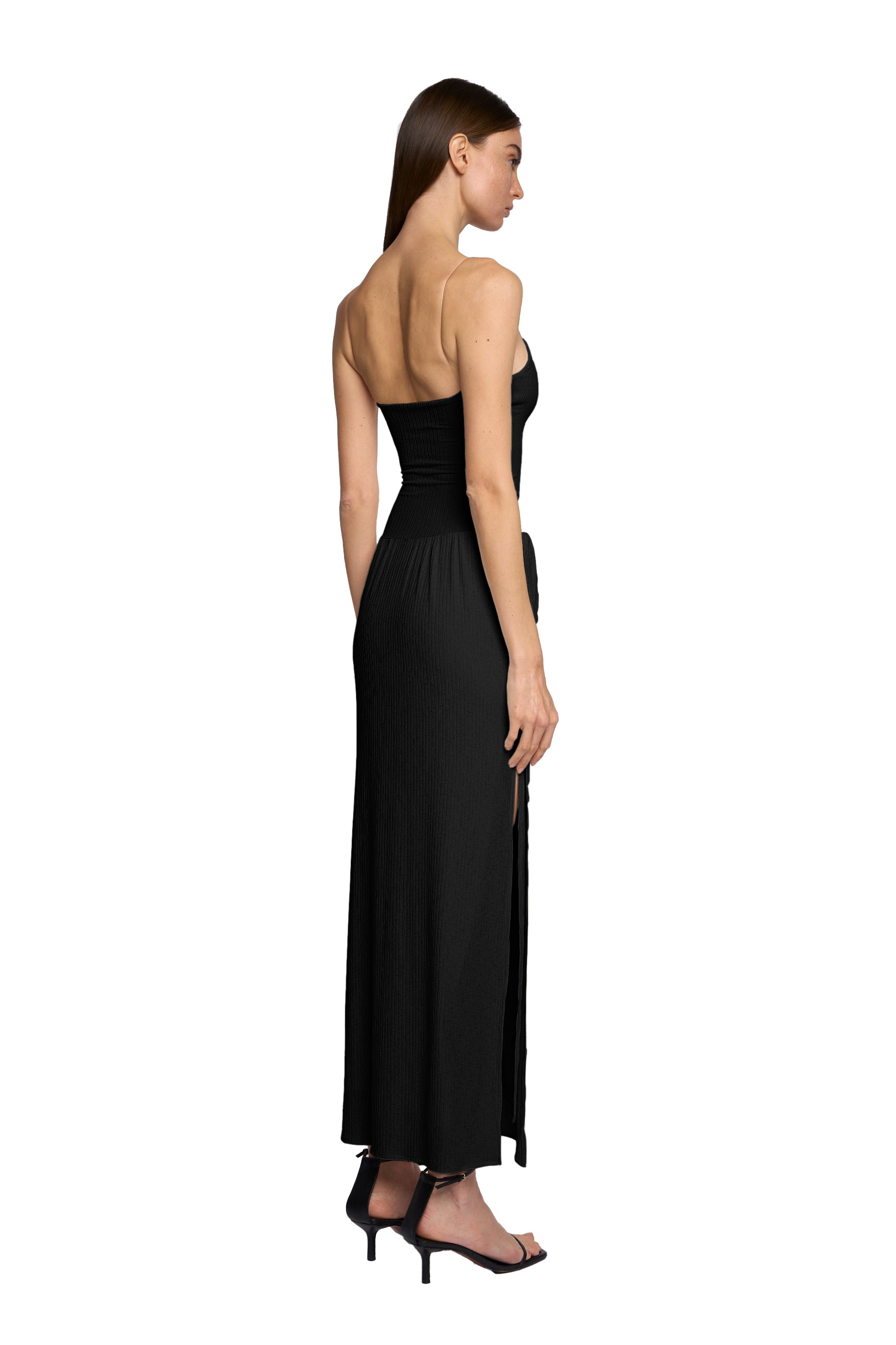 V-NECK DRESS WITH SHEER SKIRT AND TRANSPARENT STRAP IN PITCH BLACK