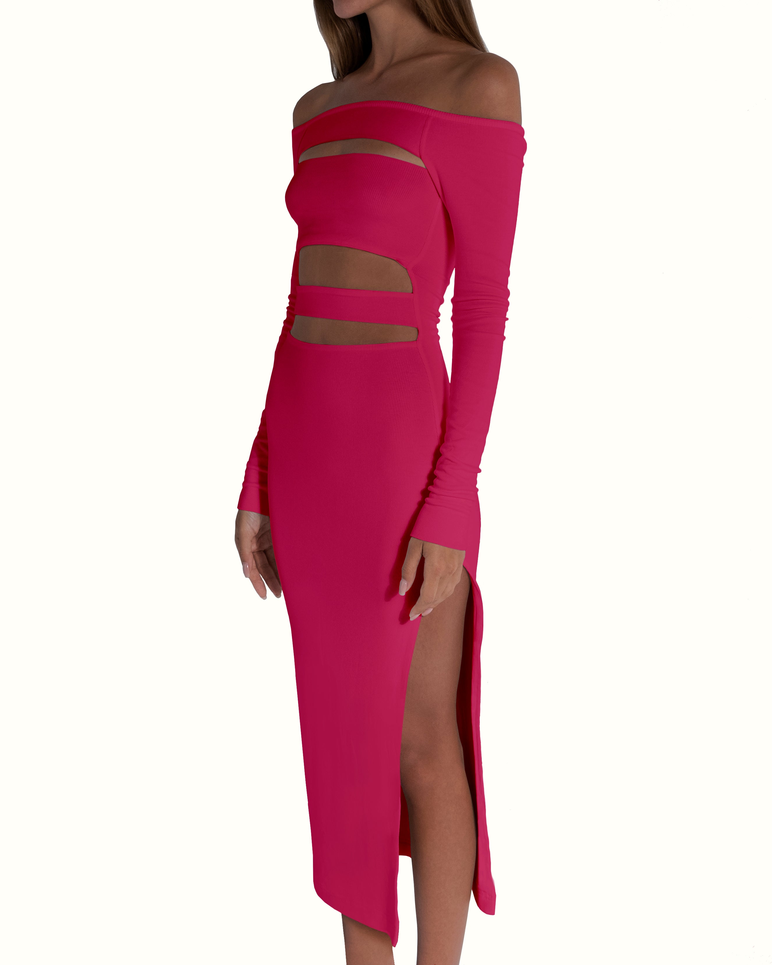 HOT PINK LONG SLEEVE BANDAGE NECK DRESS XS