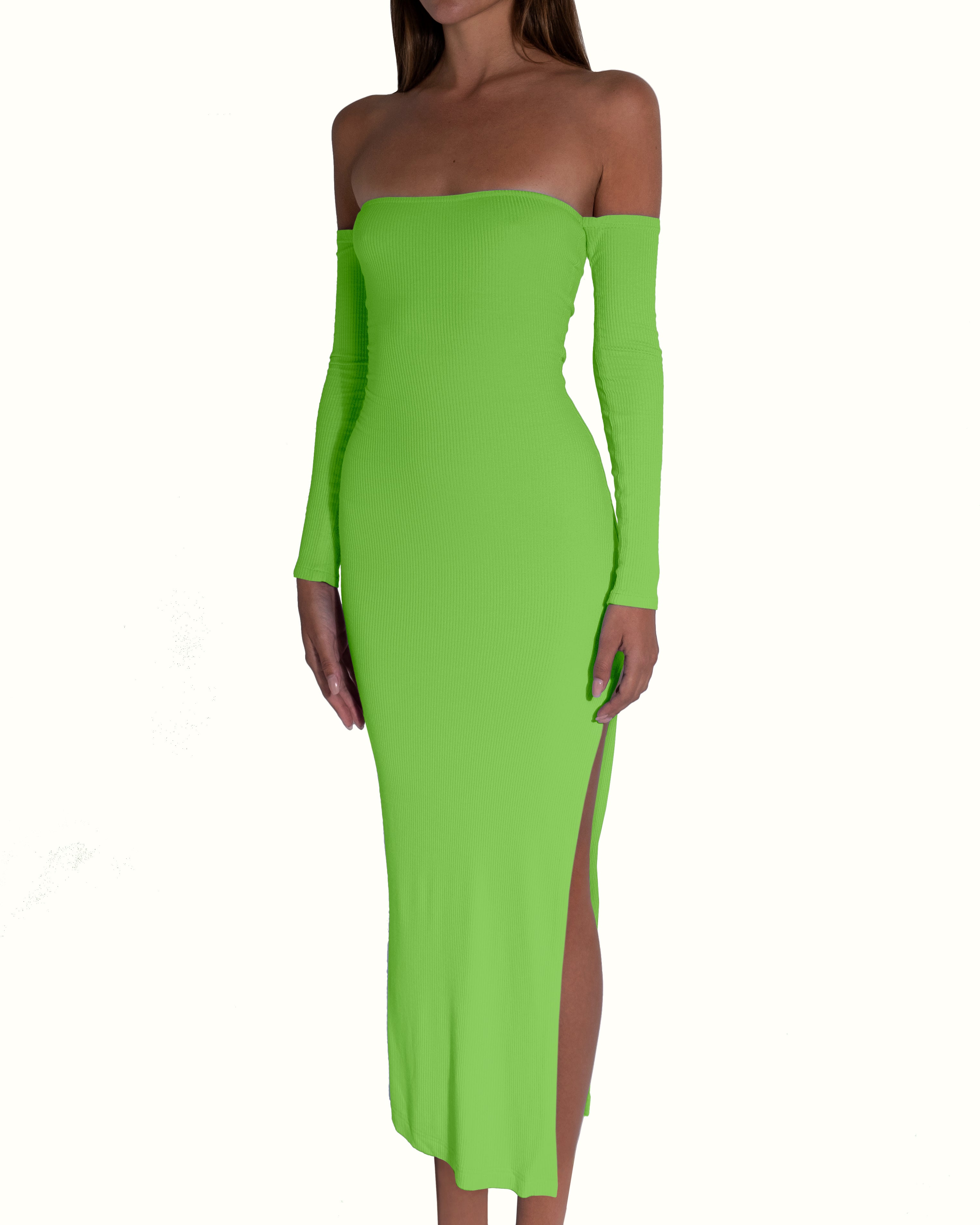 Neon green off shop the shoulder dress