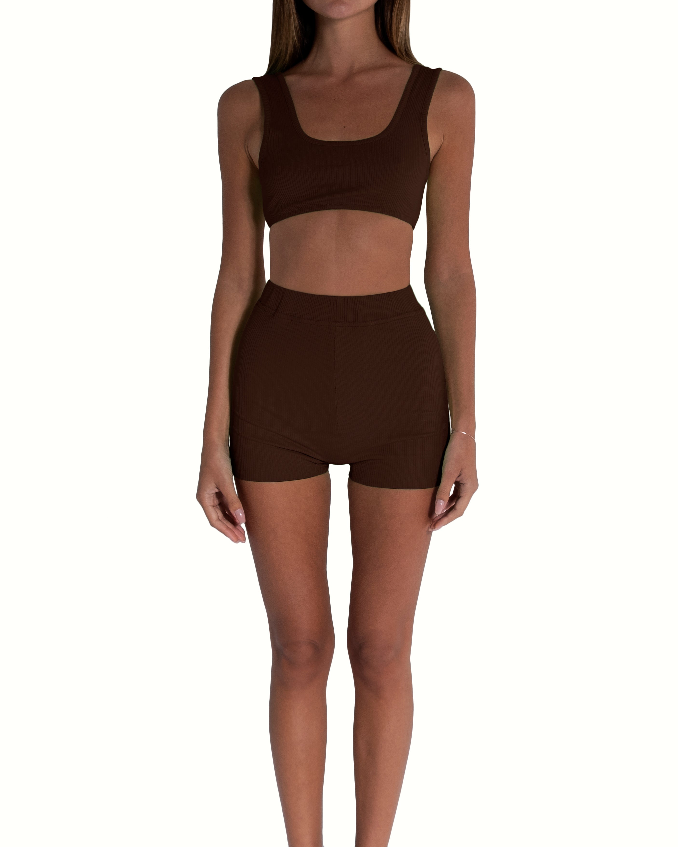 BROWN BOXY BRALETTE AND SHORTS SET